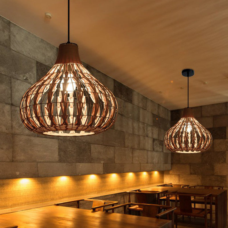 Pear Shaped Suspended Lighting Fixture Rustic Bamboo Single Restaurant Pendant Light in Wood