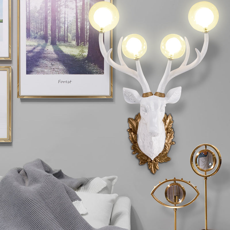 4 Bulbs Deer Sconce Lamp Vintage White/Gold Resin Wall Lighting with Round Glass Shade, 17"/21.5" W