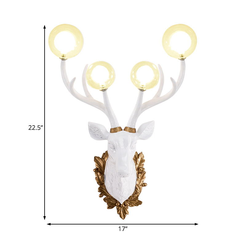 4 Bulbs Deer Sconce Lamp Vintage White/Gold Resin Wall Lighting with Round Glass Shade, 17"/21.5" W