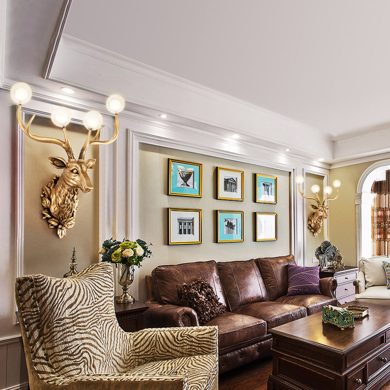 4 Bulbs Deer Sconce Lamp Vintage White/Gold Resin Wall Lighting with Round Glass Shade, 17"/21.5" W