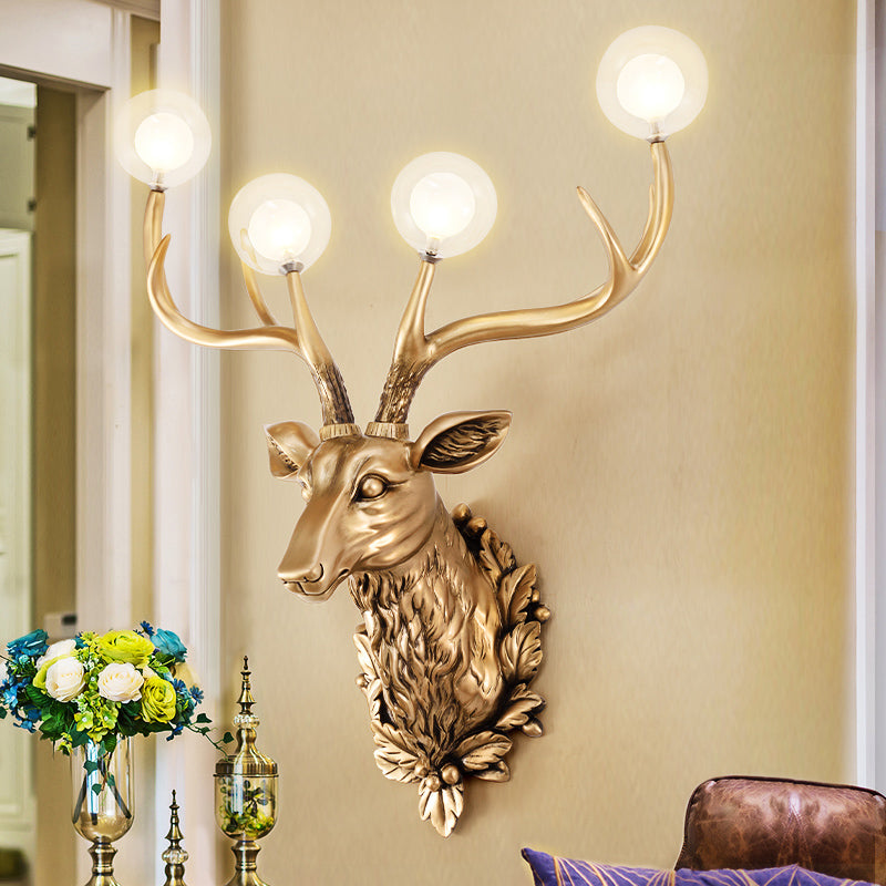 4 Bulbs Deer Sconce Lamp Vintage White/Gold Resin Wall Lighting with Round Glass Shade, 17"/21.5" W