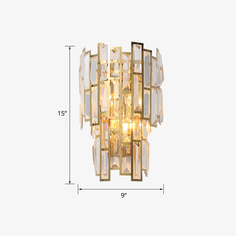 Gold Curved Sconce Light Fixture Postmodern 2-Bulb Crystal Rectangle Wall Lamp for Living Room