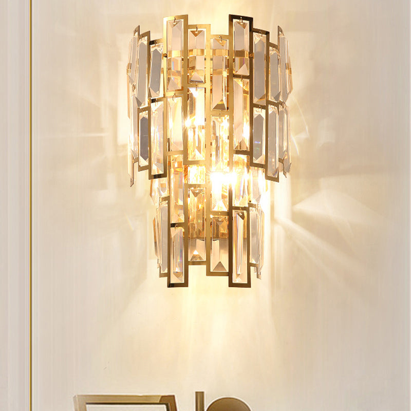 Gold Curved Sconce Light Fixture Postmodern 2-Bulb Crystal Rectangle Wall Lamp for Living Room