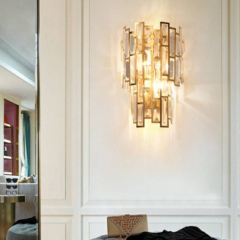 Gold Curved Sconce Light Fixture Postmodern 2-Bulb Crystal Rectangle Wall Lamp for Living Room