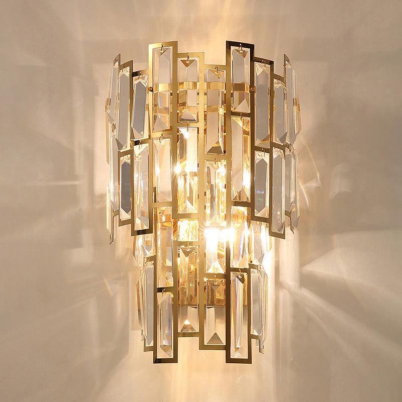 Gold Curved Sconce Light Fixture Postmodern 2-Bulb Crystal Rectangle Wall Lamp for Living Room
