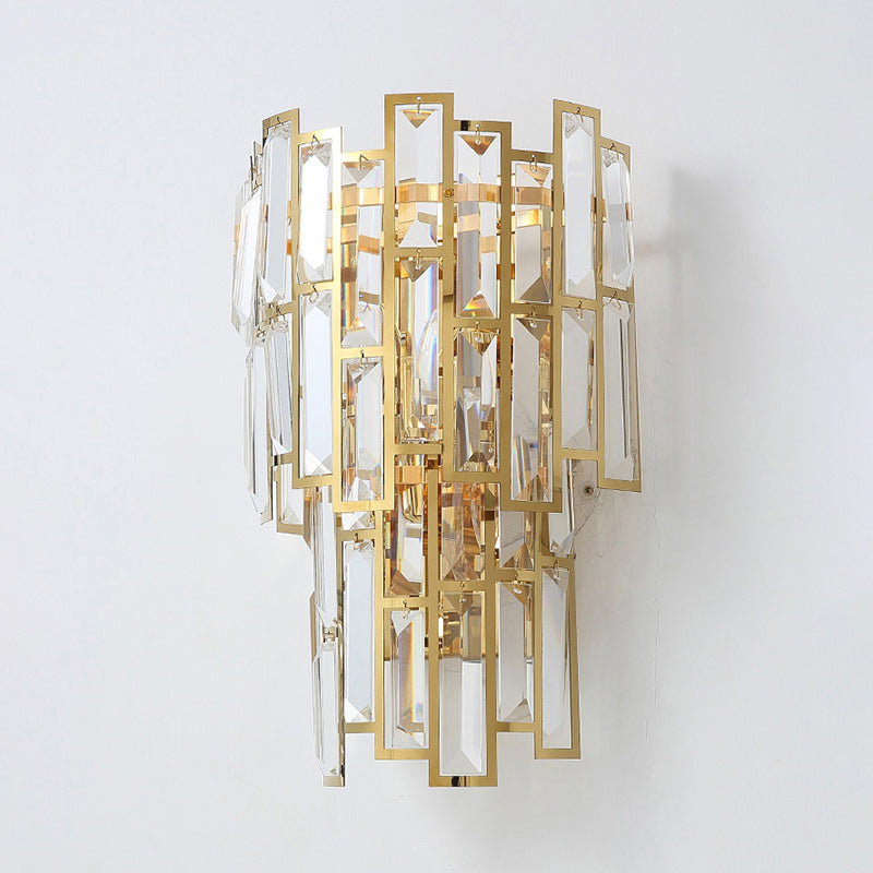 Gold Curved Sconce Light Fixture Postmodern 2-Bulb Crystal Rectangle Wall Lamp for Living Room