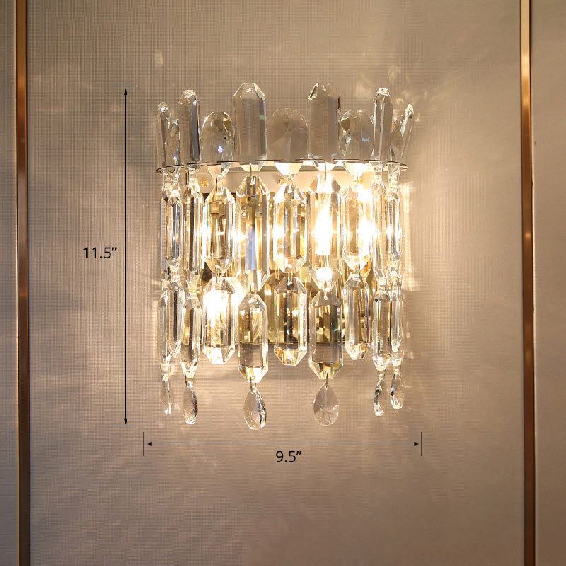 Minimalist Crown-Like Wall Light Fixture Clear Crystal Rod 2-Bulb Bedroom Wall Light Sconce