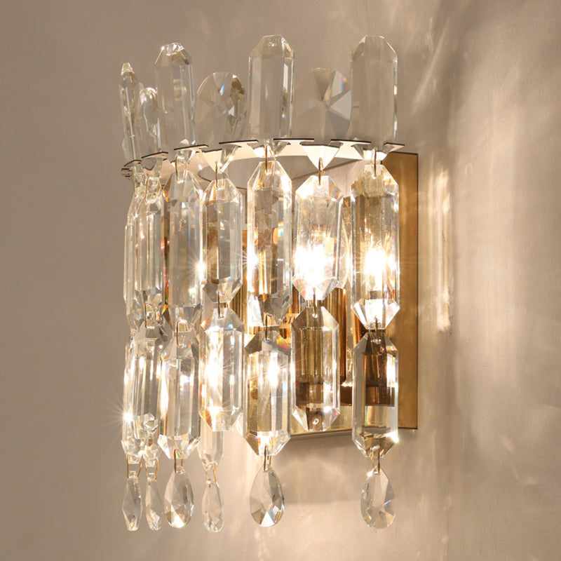 Minimalist Crown-Like Wall Light Fixture Clear Crystal Rod 2-Bulb Bedroom Wall Light Sconce