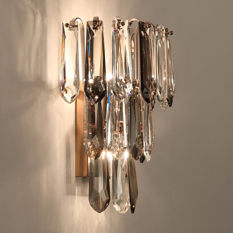 Clear and Smoke Crystal Tiers Sconce Light Simplicity 3-Head Wall Mount Light for Hallway