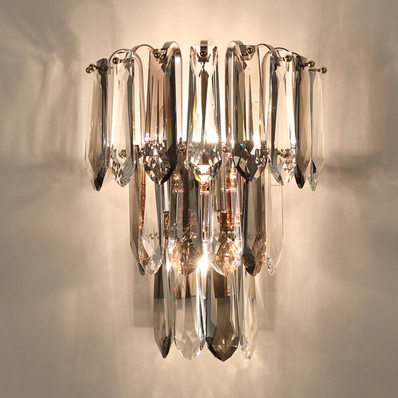 Clear and Smoke Crystal Tiers Sconce Light Simplicity 3-Head Wall Mount Light for Hallway