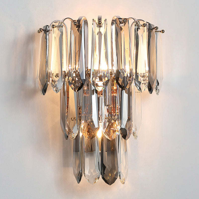 Clear and Smoke Crystal Tiers Sconce Light Simplicity 3-Head Wall Mount Light for Hallway