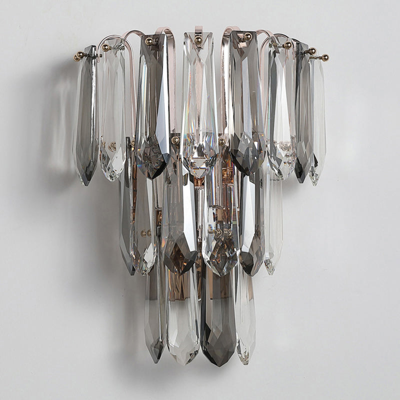 Clear and Smoke Crystal Tiers Sconce Light Simplicity 3-Head Wall Mount Light for Hallway