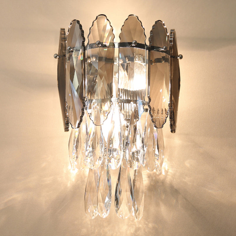 Layered Wall Lighting Fixture Modern K9 Crystal Droplet 2 Heads Foyer Sconce Light