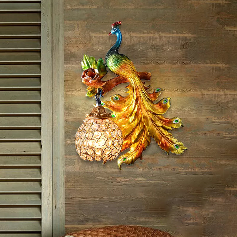 Paacock Bedroom Wall Lightture Country Resin 1 Green clair / Gol Gold Ponce avec Orb Crystal Shade, Gauche / Droite
