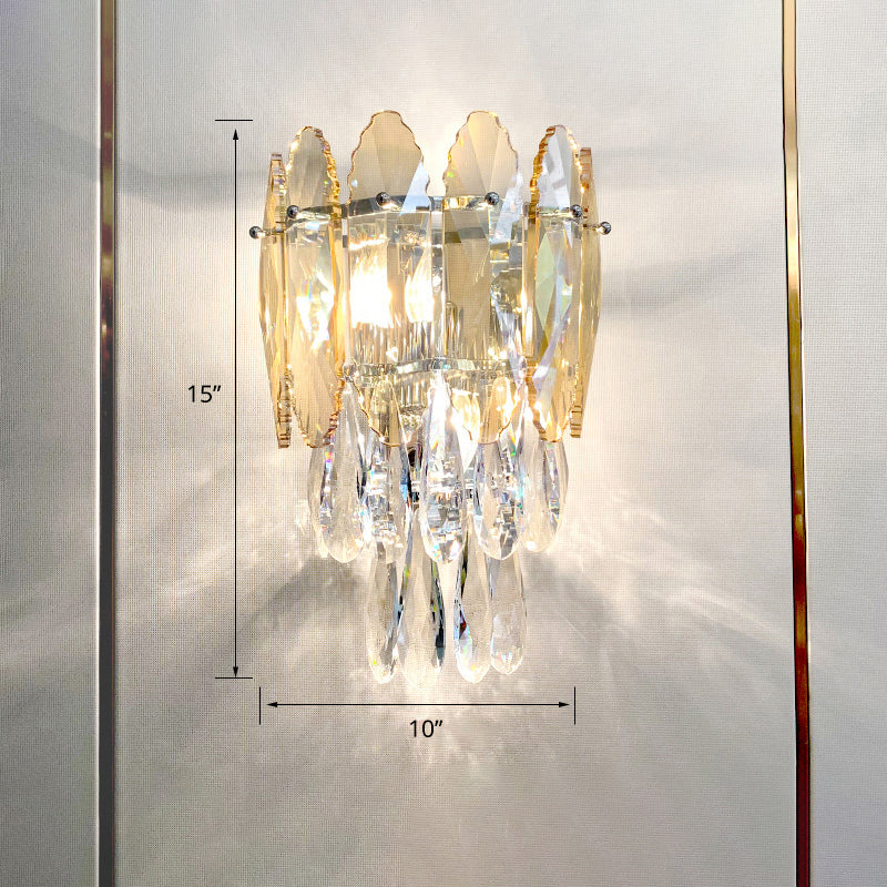 Layered Wall Lighting Fixture Modern K9 Crystal Droplet 2 Heads Foyer Sconce Light