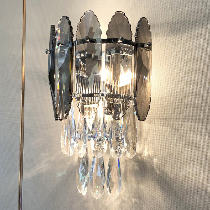 Layered Wall Lighting Fixture Modern K9 Crystal Droplet 2 Heads Foyer Sconce Light
