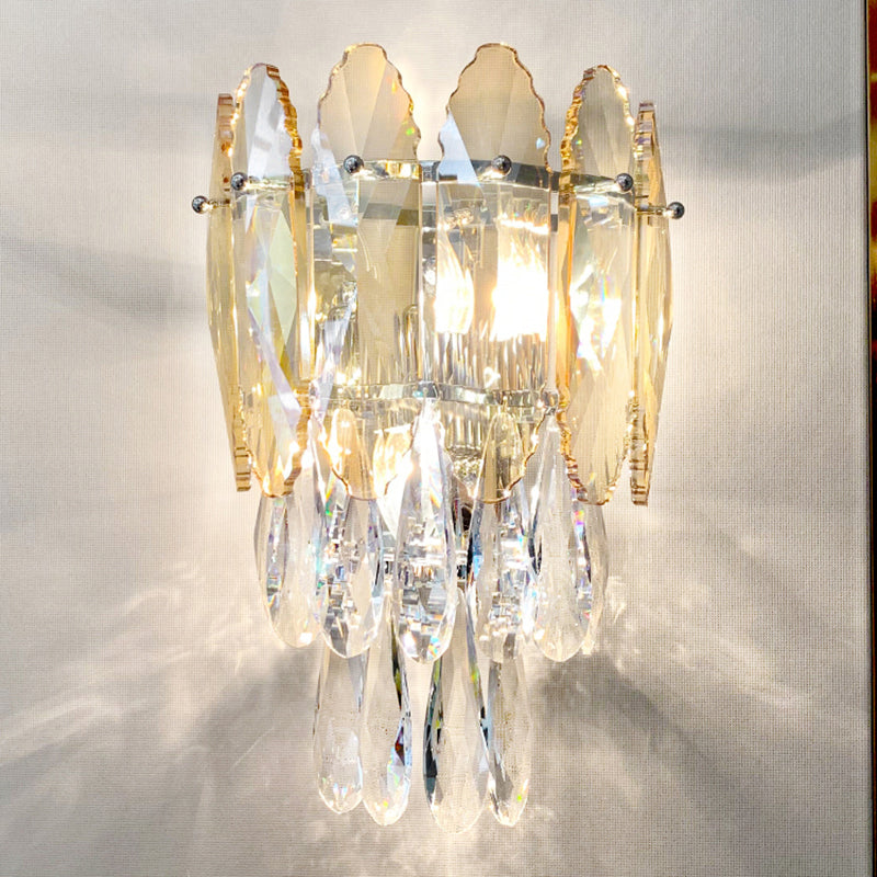 Layered Wall Lighting Fixture Modern K9 Crystal Droplet 2 Heads Foyer Sconce Light