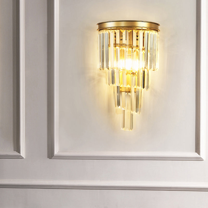 Crystal Tiered Tapered Sconce Fixture Minimalism 1 Head Gold Finish Wall Light for Living Room