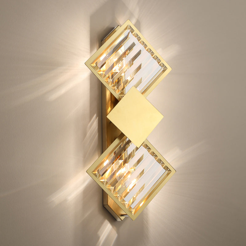 Brass Finish Rhombus Wall Light Minimalistic 2 Bulbs K9 Crystal Sconce Lamp for Living Room