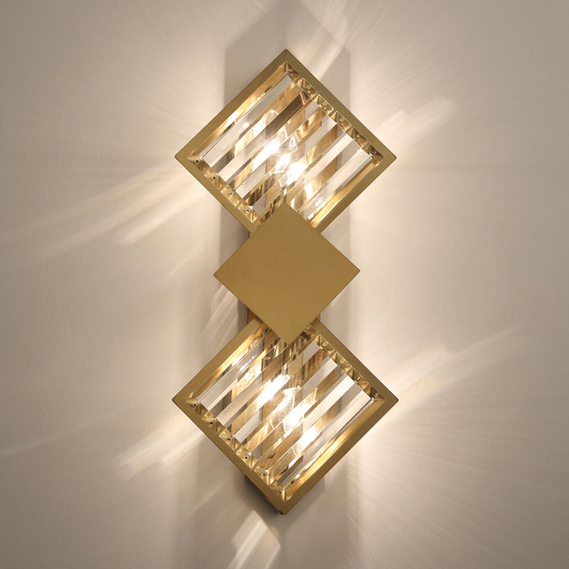 Brass Finish Rhombus Wall Light Minimalistic 2 Bulbs K9 Crystal Sconce Lamp for Living Room