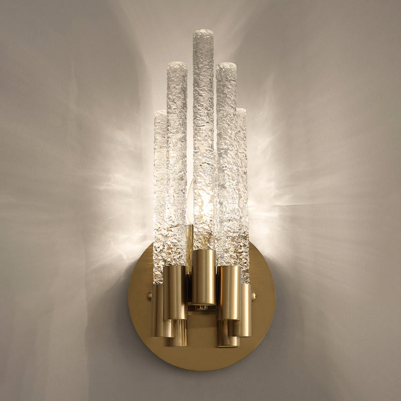 Tubular Sconce Lighting Simple Style Clear Rippled Crystal 2-Head Bedroom Wall Light in Brass