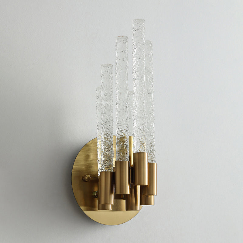 Tubular Sconce Lighting Simple Style Clear Rippled Crystal 2-Head Bedroom Wall Light in Brass