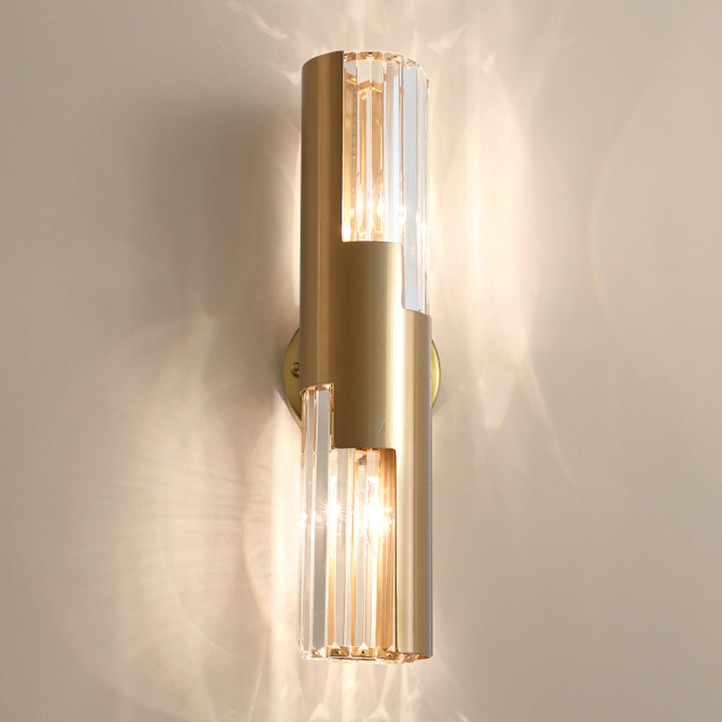 Pole Shaped Living Room Wall Sconce K9 Crystal 2-Bulb Minimalist Wall Mount Lamp in Gold