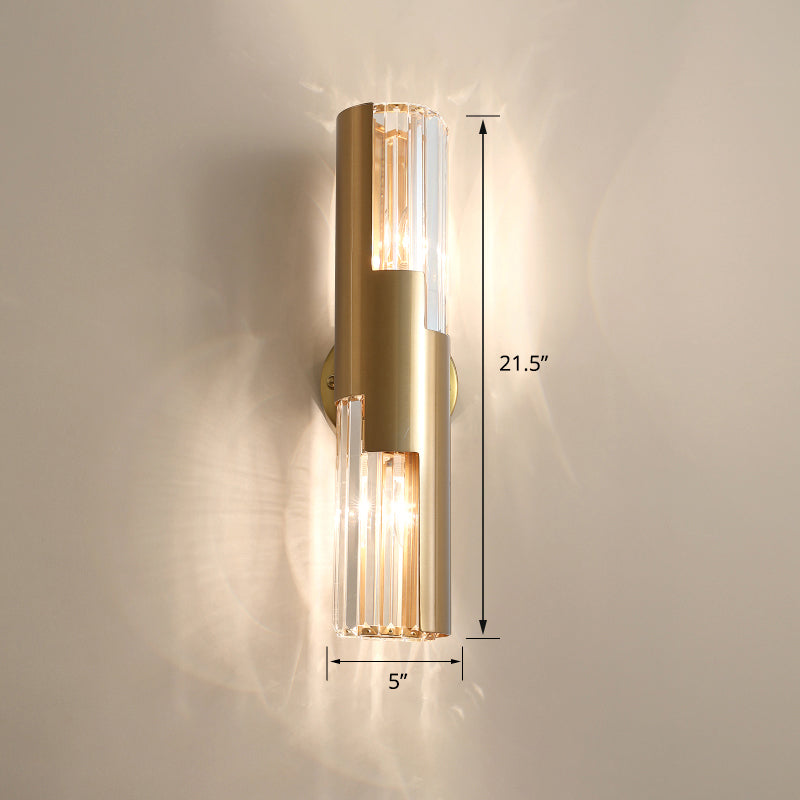 Pole Shaped Living Room Wall Sconce K9 Crystal 2-Bulb Minimalist Wall Mount Lamp in Gold
