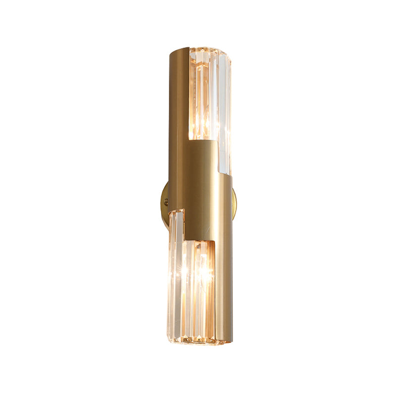 Pole Shaped Living Room Wall Sconce K9 Crystal 2-Bulb Minimalist Wall Mount Lamp in Gold