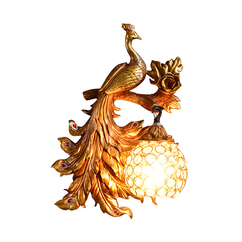 Pfauen Schlafzimmer Wandleuchte Landharz 1 Hellgrün/goldene Leuchtenlampe mit Kugelkristallschatten, links/rechts