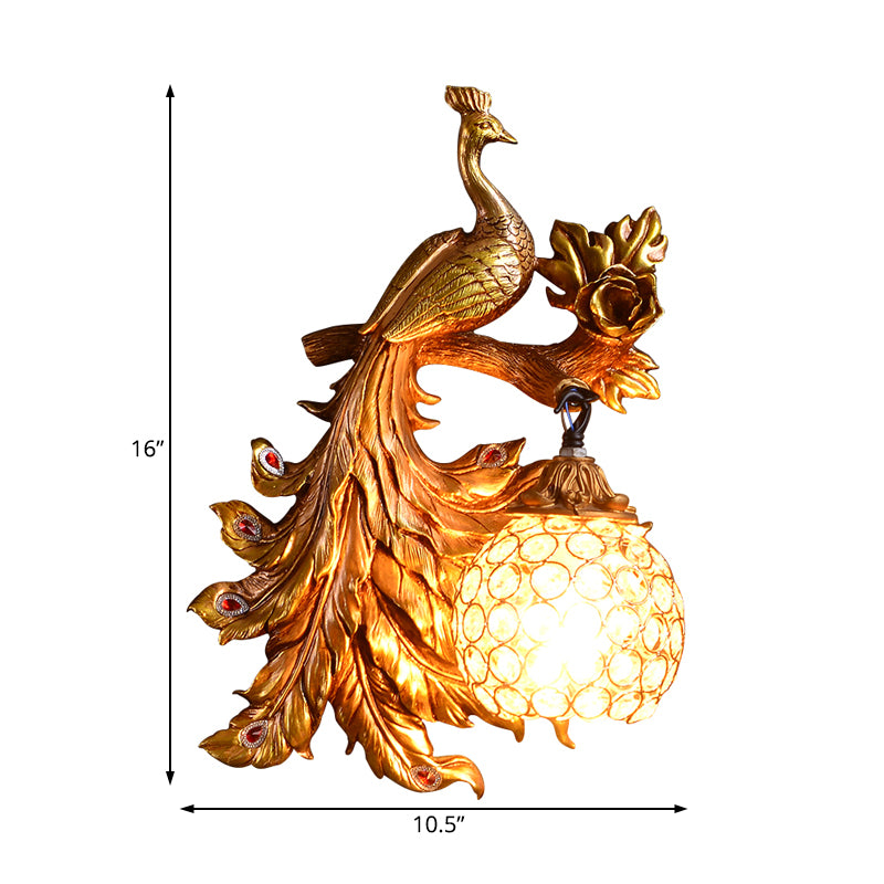 Pfauen Schlafzimmer Wandleuchte Landharz 1 Hellgrün/goldene Leuchtenlampe mit Kugelkristallschatten, links/rechts