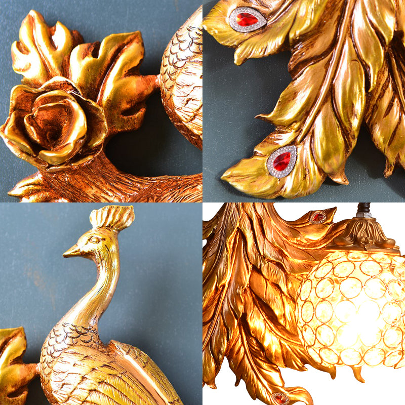 Pfauen Schlafzimmer Wandleuchte Landharz 1 Hellgrün/goldene Leuchtenlampe mit Kugelkristallschatten, links/rechts