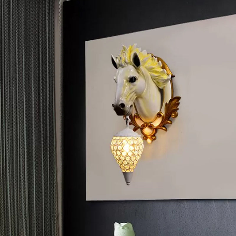 White/Red 1 Light Sconce Light Vintage Resin Horse Wall Lamp with Droplet Crystal Shade for Indoor, 9.5"/12" W