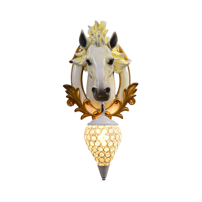 Bianco/rosso 1 Light Sconce Light Light Vintage Resin Horse Muro con tonalità di cristallo per goccia per interno, 9,5 "/12" W