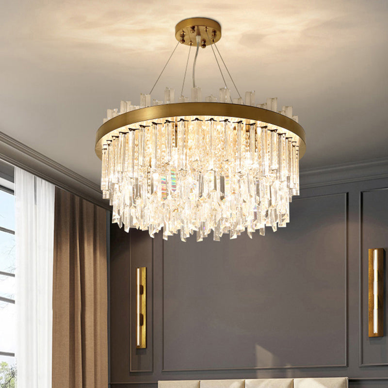 Round Chandelier Light Fixture Modern K9 Crystal Brass Suspension Lamp for Bedroom
