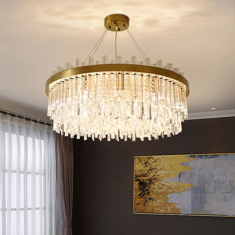 Round Chandelier Light Fixture Modern K9 Crystal Brass Suspension Lamp for Bedroom