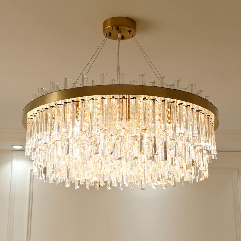 Round Chandelier Light Fixture Modern K9 Crystal Brass Suspension Lamp for Bedroom