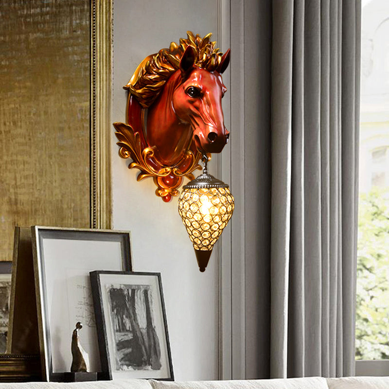 White/Red 1 Light Sconce Light Vintage Resin Horse Wall Lamp with Droplet Crystal Shade for Indoor, 9.5"/12" W