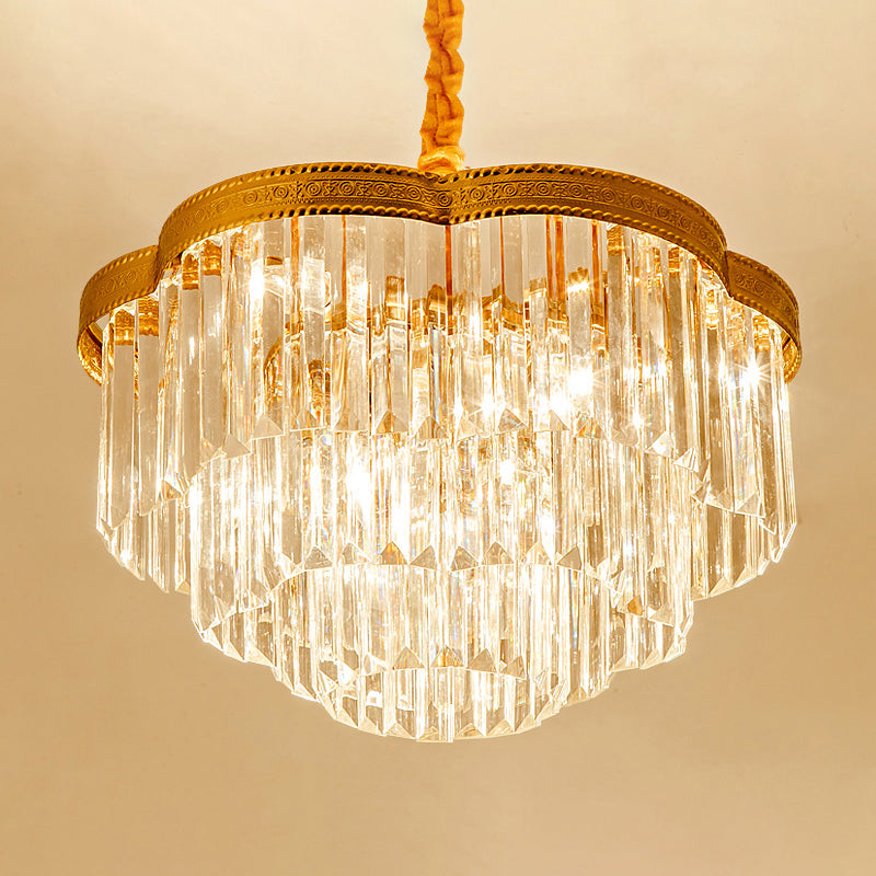 Brass Floral Layers Pendant Lamp Postmodern Crystal Prism Chandelier Light for Dining Room
