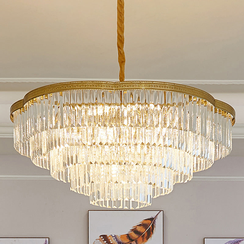 Brass Floral Layers Pendant Lamp Postmodern Crystal Prism Chandelier Light for Dining Room