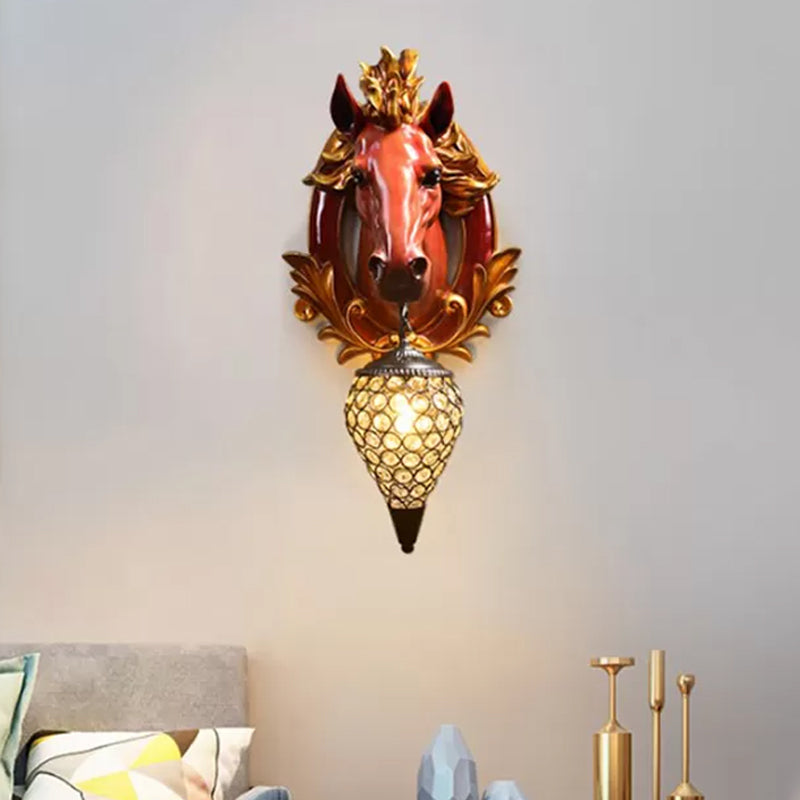 White/Red 1 Light Sconce Light Vintage Resin Horse Wall Lamp with Droplet Crystal Shade for Indoor, 9.5"/12" W