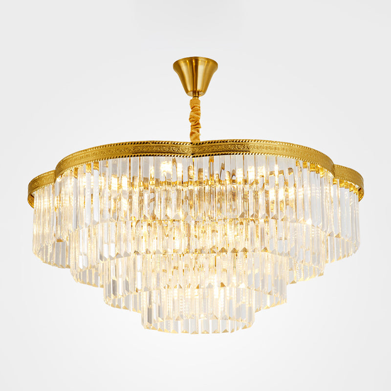 Brass Floral Layers Pendant Lamp Postmodern Crystal Prism Chandelier Light for Dining Room