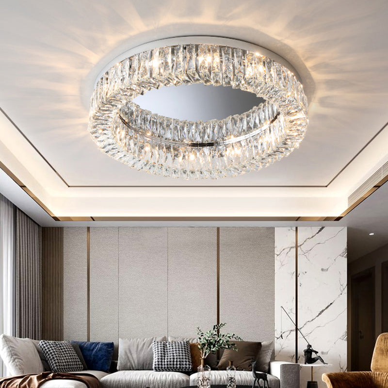 Modern Circular Flush Ceiling Light Fixture Beveled Crystal Living Room Flush-Mount Light