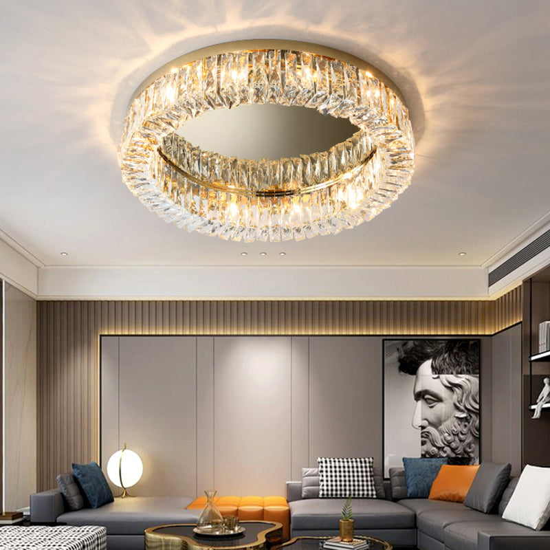 Modern Circular Flush Ceiling Light Fixture Beveled Crystal Living Room Flush-Mount Light
