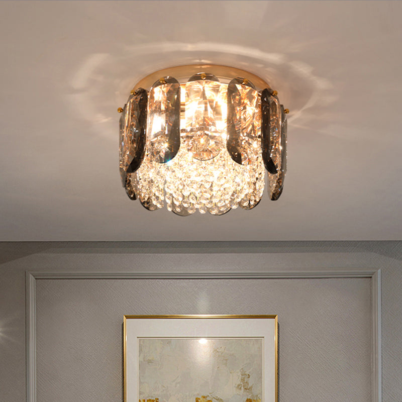 Brass Drum Shaped Flushmount Lighting Modern 3 Lights Crystal Ceiling Light for Corridor