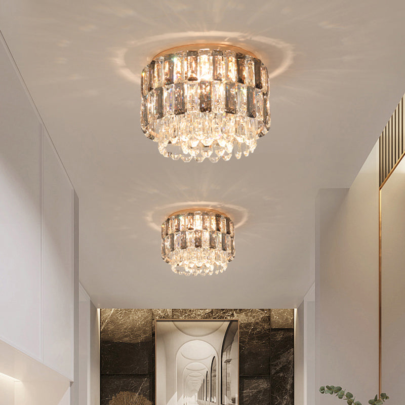 Brass Drum Shaped Flushmount Lighting Modern 3 Lights Crystal Ceiling Light for Corridor