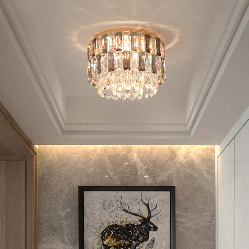Brass Drum Shaped Flushmount Lighting Modern 3 Lights Crystal Ceiling Light for Corridor