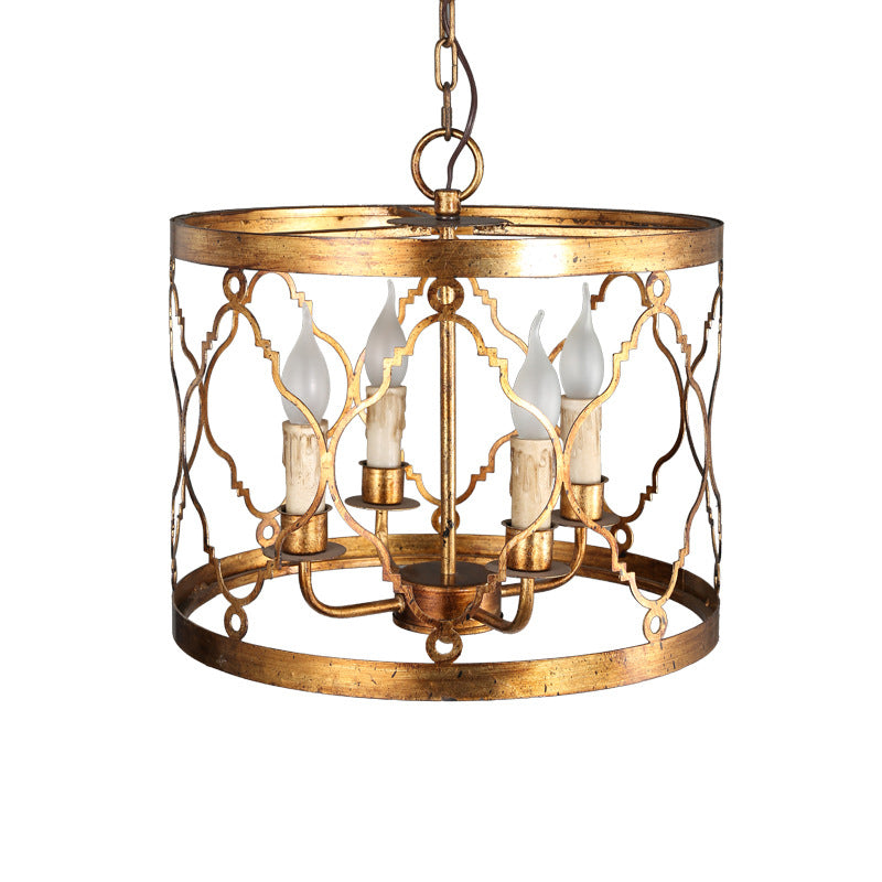 Metal Drum Shade Chandelier Lamp Retro 4-Head Bedroom Pendant Ceiling Light in Gold