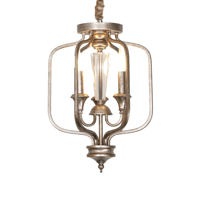 Lampe suspendue en cage en cage 3 bulbes luminaire lustre en métal avec accent cristallin en argent âgé