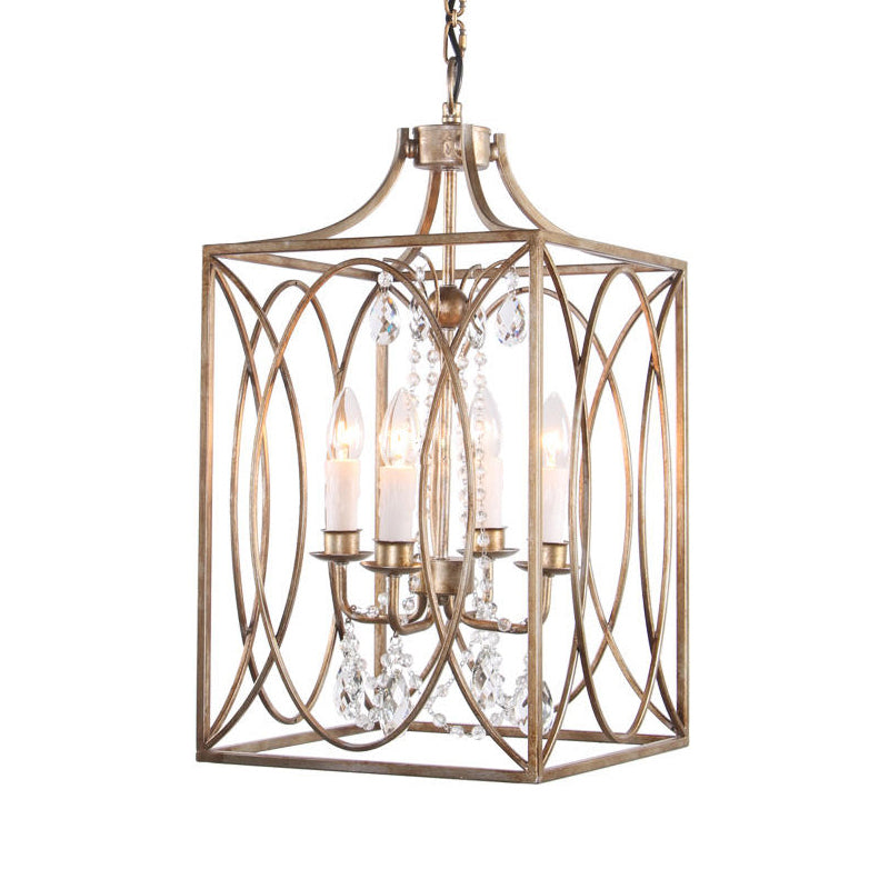 Rectangle Living Room Hanging Lamp Traditional Metal 4 Bulbs Brass Chandelier Pendant Light with Cascading Crystal